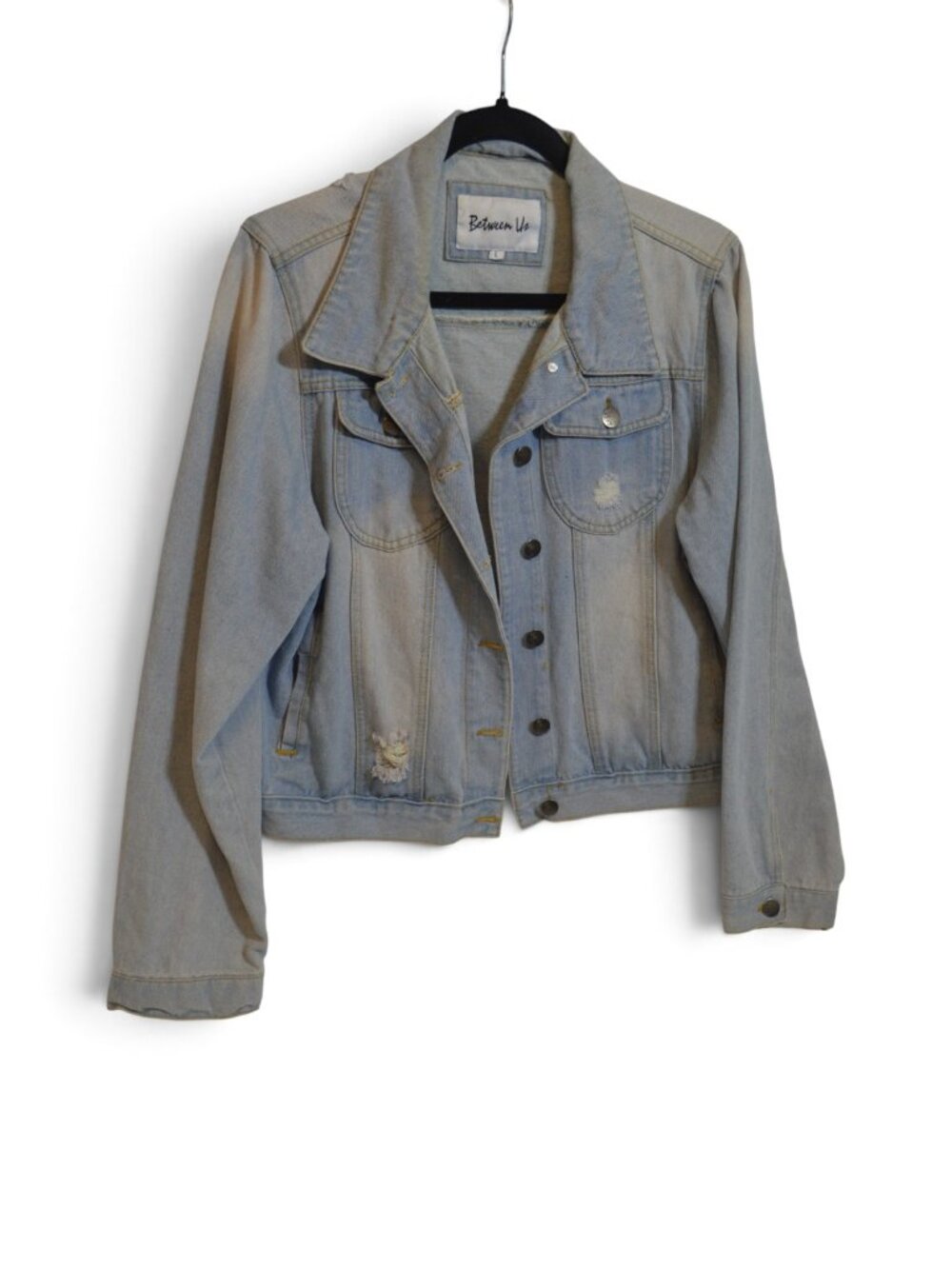 Between Us Womens Light Wash Distressed Denim Jacket Size L Button Front